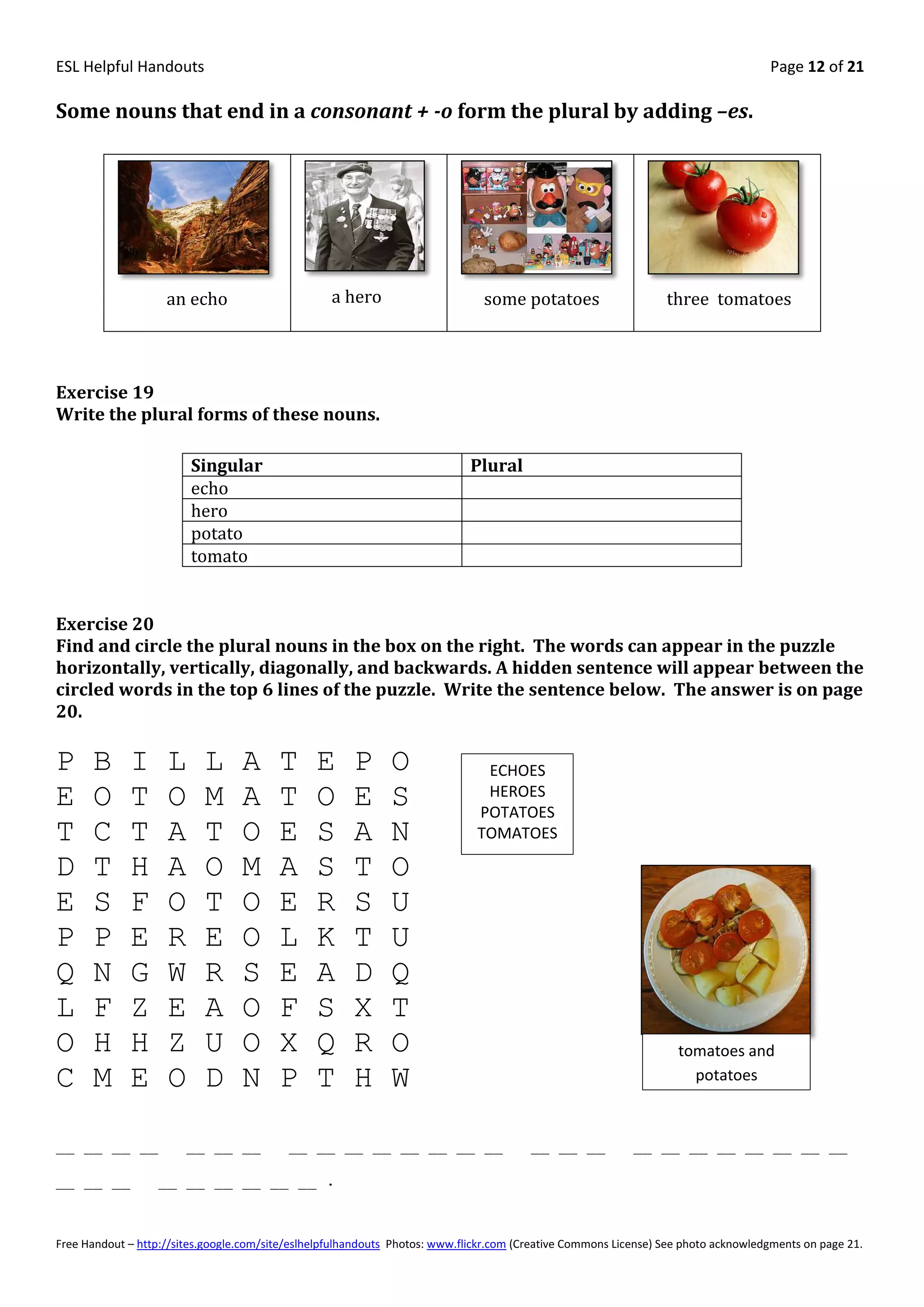 ESL Helpful Handouts                                                                                                                Page 12 of 21

Some nouns that end in a consonant + -o form the plural by adding –es.




                    an echo                        a hero                      some potatoes                     three tomatoes




Exercise 19
Write the plural forms of these nouns.

                         Singular                                            Plural
                         echo
                         hero
                         potato
                         tomato


Exercise 20
Find and circle the plural nouns in the box on the right. The words can appear in the puzzle
horizontally, vertically, diagonally, and backwards. A hidden sentence will appear between the
circled words in the top 6 lines of the puzzle. Write the sentence below. The answer is on page
20.

P     B      I      L      L      A      T      E      P      O                ECHOES
E     O      T      O      M      A      T      O      E      S                HEROES
                                                                              POTATOES
T     C      T      A      T      O      E      S      A      N               TOMATOES

D     T      H      A      O      M      A      S      T      O
E     S      F      O      T      O      E      R      S      U
P     P      E      R      E      O      L      K      T      U
Q     N      G      W      R      S      E      A      D      Q
L     F      Z      E      A      O      F      S      X      T
O     H      H      Z      U      O      X      Q      R      O                                                    tomatoes and
C     M      E      O      D      N      P      T      H      W                                                      potatoes



__ __ __ __             __ __ __           __ __ __ __ __ __ __ __                      __ __ __           __ __ __ __ __ __ __ __

__ __ __           __ __ __ __ __ __ .



Free Handout – http://sites.google.com/site/eslhelpfulhandouts Photos: www.flickr.com (Creative Commons License) See photo acknowledgments on page 21.
 