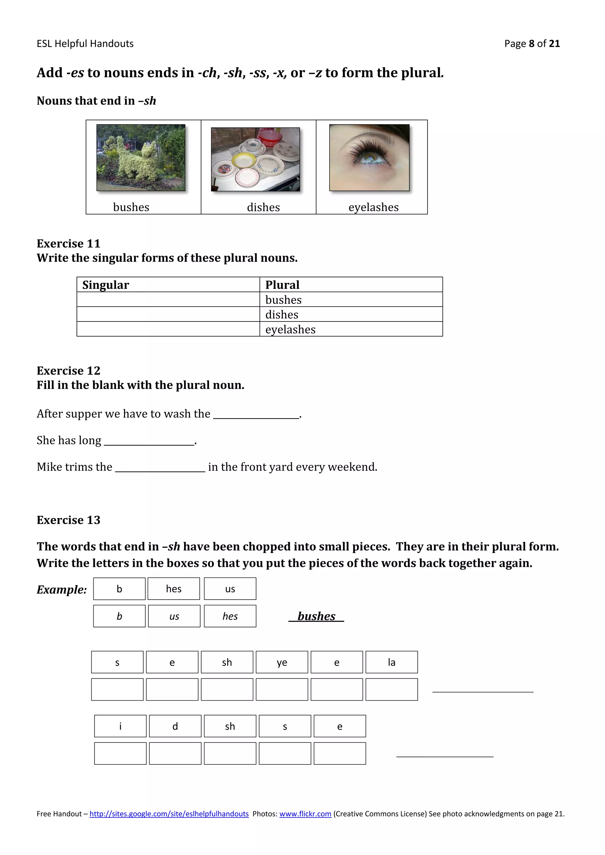 ESL Helpful Handouts                                                                                                                Page 8 of 21

Add -es to nouns ends in -ch, -sh, -ss, -x, or –z to form the plural.
Nouns that end in –sh




                     bushes                                dishes                        eyelashes

Exercise 11
Write the singular forms of these plural nouns.

            Singular                                            Plural
                                                                bushes
                                                                dishes
                                                                eyelashes


Exercise 12
Fill in the blank with the plural noun.

After supper we have to wash the ___________________.

She has long ____________________.

Mike trims the ____________________ in the front yard every weekend.



Exercise 13

The words that end in –sh have been chopped into small pieces. They are in their plural form.
Write the letters in the boxes so that you put the pieces of the words back together again.

Example:              b             hes              us

                      b              us             hes                  __bushes__


                      s              e              sh              ye              e              la

                                                                                                                _________________________



                       i              d              sh              s               e

                                                                                                        ________________________




Free Handout – http://sites.google.com/site/eslhelpfulhandouts Photos: www.flickr.com (Creative Commons License) See photo acknowledgments on page 21.
 