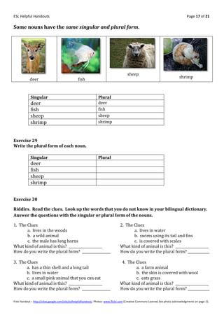 ESL Helpful Handouts                                                                                                                Page 17 of 21

Some nouns have the same singular and plural form.




                                                                                       sheep
                                                                                                                               shrimp
            deer                                 fish


            Singular                                            Plural
            deer                                                deer
            fish                                                fish
            sheep                                               sheep
            shrimp                                              shrimp



Exercise 29
Write the plural form of each noun.

            Singular                                            Plural
            deer
            fish
            sheep
            shrimp


Exercise 30

Riddles. Read the clues. Look up the words that you do not know in your bilingual dictionary.
Answer the questions with the singular or plural form of the nouns.

1. The Clues                                                                     2. The Clues
       a. lives in the woods                                                            a. lives in water
       b. a wild animal                                                                 b. swims using its tail and fins
       c. the male has long horns                                                       c. is covered with scales
What kind of animal is this? ____________________                                What kind of animal is this? ____________________
How do you write the plural form? _________________                              How do you write the plural form? _____________

3. The Clues                                                                      4. The Clues
       a. has a thin shell and a long tail                                               a. a farm animal
       b. lives in water                                                                 b. the skin is covered with wool
       c. a small pink animal that you can eat                                           c. eats grass
What kind of animal is this? ____________________                                What kind of animal is this? ____________________
How do you write the plural form? _________________                              How do you write the plural form? _____________

Free Handout – http://sites.google.com/site/eslhelpfulhandouts Photos: www.flickr.com (Creative Commons License) See photo acknowledgments on page 21.
 