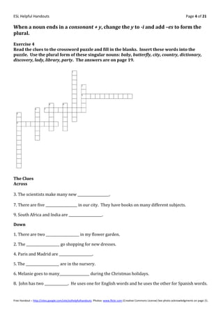 ESL Helpful Handouts                                                                                                                Page 4 of 21

When a noun ends in a consonant + y, change the y to -i and add –es to form the
plural.

Exercise 4
Read the clues to the crossword puzzle and fill in the blanks. Insert these words into the
puzzle. Use the plural form of these singular nouns: baby, butterfly, city, country, dictionary,
discovery, lady, library, party. The answers are on page 19.




The Clues
Across

3. The scientists make many new ___________________.

7. There are five ___________________ in our city. They have books on many different subjects.

9. South Africa and India are ____________________.

Down

1. There are two ____________________ in my flower garden.

2. The ____________________ go shopping for new dresses.

4. Paris and Madrid are ____________________.

5. The ____________________ are in the nursery.

6. Melanie goes to many__________________ during the Christmas holidays.

8. John has two ______________. He uses one for English words and he uses the other for Spanish words.


Free Handout – http://sites.google.com/site/eslhelpfulhandouts Photos: www.flickr.com (Creative Commons License) See photo acknowledgments on page 21.
 
