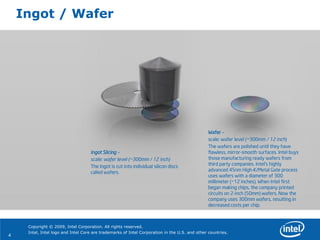 Ingot / Wafer




                                                                                                Wafer –
                                                                                                scale: wafer level (~300mm / 12 inch)
                                                                                                The wafers are polished until they have
                                    Ingot Slicing –                                             flawless, mirror-smooth surfaces. Intel buys
                                    scale: wafer level (~300mm / 12 inch)                       those manufacturing ready wafers from
                                    The Ingot is cut into individual silicon discs              third party companies. Intel’s highly
                                    called wafers.                                              advanced 45nm High-K/Metal Gate process
                                                                                                uses wafers with a diameter of 300
                                                                                                millimeter (~12 inches). When Intel first
                                                                                                began making chips, the company printed
                                                                                                circuits on 2-inch (50mm) wafers. Now the
                                                                                                company uses 300mm wafers, resulting in
                                                                                                decreased costs per chip.



     Copyright © 2009, Intel Corporation. All rights reserved.
     Intel, Intel logo and Intel Core are trademarks of Intel Corporation in the U.S. and other countries.
4
 