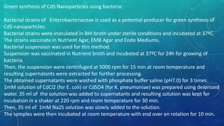 Green synthesis of CdS Nanoparticles using bacteria:
Bacterial strains of Enterobacteriaceae is used as a potential producer for green synthesis of
CdS nanoparticles.
Bacterial strains were inoculated in BHI broth under sterile conditions and incubated at 37ºC.
The strains vaccinate in Nutrient Agar, EMB Agar and Endo Mediums.
Bacterial suspension was used for this method.
Suspension was vaccinated in Nutrient broth and incubated at 37ºC for 24h for growing of
bacteria.
Then, the suspension were centrifuged at 5000 rpm for 15 min at room temperature and
resulting supernatants were extracted for further processing.
The obtained supernatants were washed with phosphate buffer saline (pH7.0) for 3 times.
1mM solution of CdCl2 (for E. coli) or CdSO4 (for K. pneumoniae) was prepared using deionized
water. 35 ml of the solution was added to supernatants and resulting solution was kept for
incubation in a shaker at 220 rpm and room temperature for 30 min.
Then, 35 ml of 1mM Na2S solution was slowly added to the solution.
The samples were then incubated at room temperature with end over en rotation for 10 min.
 