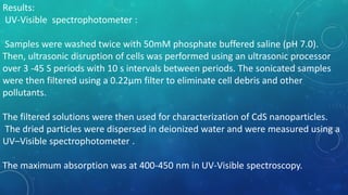 Results:
UV-Visible spectrophotometer :
Samples were washed twice with 50mM phosphate buffered saline (pH 7.0).
Then, ultrasonic disruption of cells was performed using an ultrasonic processor
over 3 -45 S periods with 10 s intervals between periods. The sonicated samples
were then filtered using a 0.22µm filter to eliminate cell debris and other
pollutants.
The filtered solutions were then used for characterization of CdS nanoparticles.
The dried particles were dispersed in deionized water and were measured using a
UV–Visible spectrophotometer .
The maximum absorption was at 400-450 nm in UV-Visible spectroscopy.
 