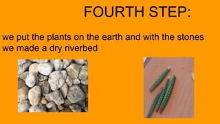 FOURTH STEP:
we put the plants on the earth and with the stones
we made a dry riverbed
 
