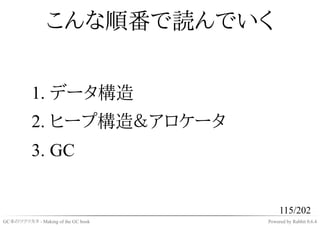 こんな順番で読んでいく


          1. データ構造
          2. ヒープ構造＆アロケータ
          3. GC


                                         115/202
GC本のツクリカタ - Making of the GC book   Powered by Rabbit 0.6.4
 