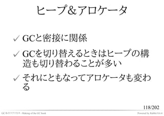 ヒープ＆アロケータ

       ✓ GCと密接に関係
       ✓ GCを切り替えるときはヒープの構
         造も切り替わることが多い
       ✓ それにともなってアロケータも変わ
         る

                                          118/202
GC本のツクリカタ - Making of the GC book    Powered by Rabbit 0.6.4
 