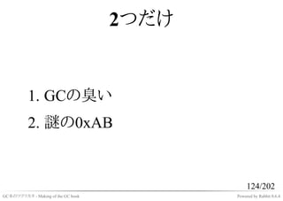 2つだけ


          1. GCの臭い
          2. 謎の0xAB


                                                124/202
GC本のツクリカタ - Making of the GC book          Powered by Rabbit 0.6.4
 
