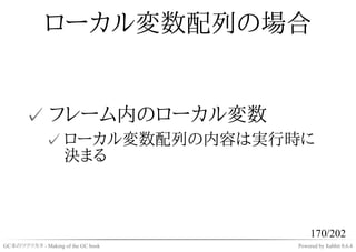 ローカル変数配列の場合


       ✓ フレーム内のローカル変数
              ✓ ローカル変数配列の内容は実行時に
                決まる



                                         170/202
GC本のツクリカタ - Making of the GC book   Powered by Rabbit 0.6.4
 
