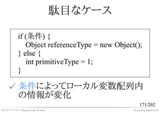 駄目なケース

            if (条件) {
               Object referenceType = new Object();
            } else {
               int primitiveType = 1;
            }

    ✓ 条件によってローカル変数配列内
      の情報が変化
                                                     171/202
GC本のツクリカタ - Making of the GC book               Powered by Rabbit 0.6.4
 
