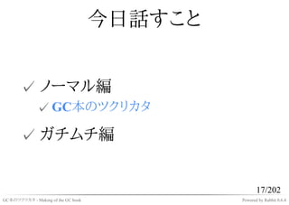 今日話すこと


       ✓ ノーマル編
              ✓ GC本のツクリカタ

       ✓ ガチムチ編


                                                    17/202
GC本のツクリカタ - Making of the GC book            Powered by Rabbit 0.6.4
 