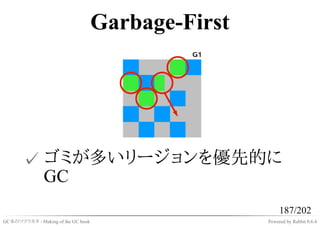 Garbage-First




       ✓ ゴミが多いリージョンを優先的に
         GC
                                                         187/202
GC本のツクリカタ - Making of the GC book                   Powered by Rabbit 0.6.4
 