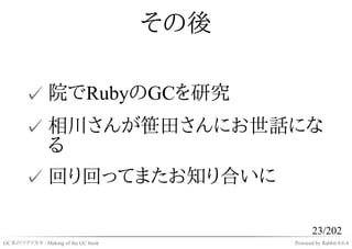 その後

       ✓ 院でRubyのGCを研究
       ✓ 相川さんが笹田さんにお世話にな
         る
       ✓ 回り回ってまたお知り合いに

                                                 23/202
GC本のツクリカタ - Making of the GC book         Powered by Rabbit 0.6.4
 