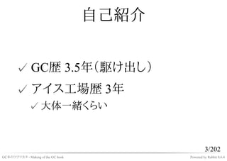 自己紹介


       ✓ GC歴 3.5年（駆け出し）
       ✓ アイス工場歴 3年
              ✓ 大体一緒くらい



                                                    3/202
GC本のツクリカタ - Making of the GC book          Powered by Rabbit 0.6.4
 