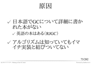 原因

       ✓ 日本語でGCについて詳細に書か
         れた本がない
              ✓ 英語の本はある（RJGC）

       ✓ アルゴリズムは知っていてもイマ
         イチ実装と結びついてない

                                                73/202
GC本のツクリカタ - Making of the GC book        Powered by Rabbit 0.6.4
 