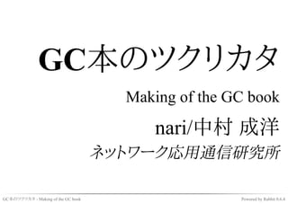 GC本のツクリカタ
                                      Making of the GC book

                                         nari/中村 成洋
                                    ネットワーク応用通信研究所

GC本のツクリカタ - Making of the GC book                    Powered by Rabbit 0.6.4
 