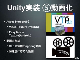 Unity実装⑤動画化 
• Asset Storeを使う 
• Video Texture Pro(iOS) 
• Easy Movie 
Texture(Android) 
• 動画を作成 
• 地上の待機PingPong動画 
• 加速度に応じた動画 
 