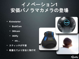 イノベーション1 
安価パノラマカメラの登場 
• Kickstarter 
• BublCam 
• 360cam 
• 360fly 
• etc… 
• スティッチが不要 
• 軽量化でより安全に飛行可 
 