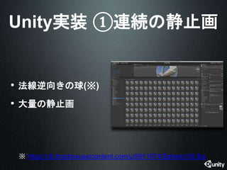 Unity実装①連続の静止画 
• 法線逆向きの球(※) 
• 大量の静止画 
※ https://dl.dropboxusercontent.com/u/5911974/Sphere100.fbx 
 