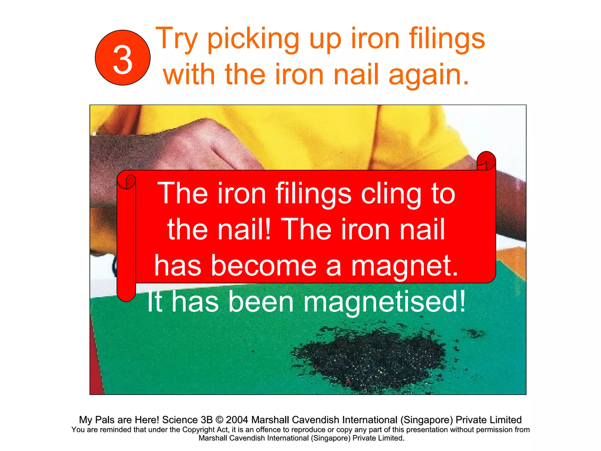Try picking up iron filings with the iron nail again.  The iron filings cling to the nail! The iron nail has become a magnet. It has been magnetised! 3 