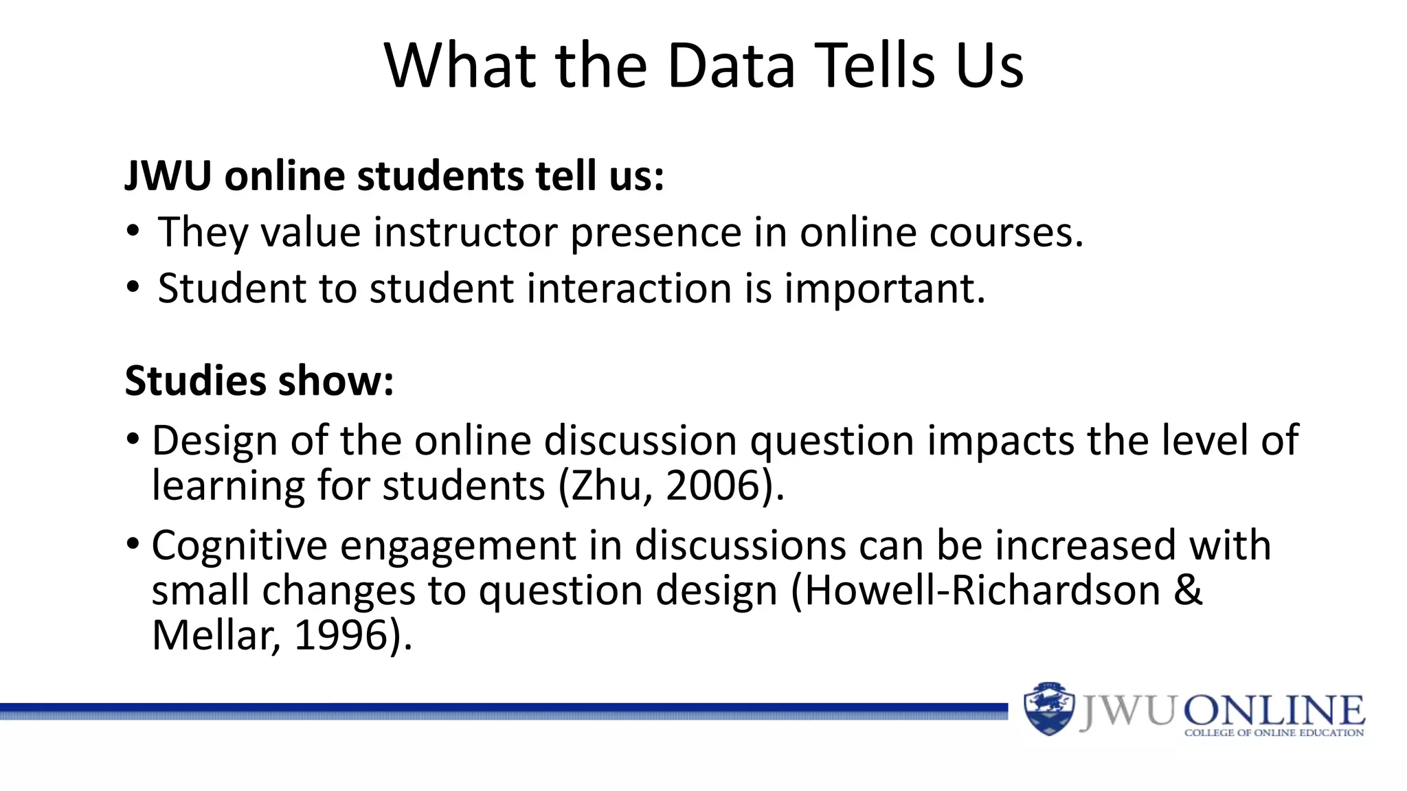 What the Data Tells Us
JWU online students tell us:
• They value instructor presence in online courses.
• Student to student interaction is important.
Studies show:
• Design of the online discussion question impacts the level of
learning for students (Zhu, 2006).
• Cognitive engagement in discussions can be increased with
small changes to question design (Howell-Richardson &
Mellar, 1996).
 