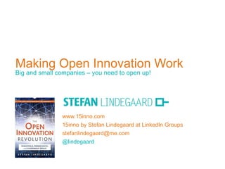 Making Open Innovation Work Big and small companies – you need to open up! www.15inno.com 15inno by Stefan Lindegaard at LinkedIn Groups [email_address] @lindegaard 