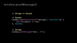 w i n d o w. p o s t M e s s a g e ( )

// IFrame => Parent
!

// Parent
window.addEventListener('message', function (e) {
alert(e.data); // hey!
}, false);
!
!

// IFrame
window.postMessage('hey', '*');

 