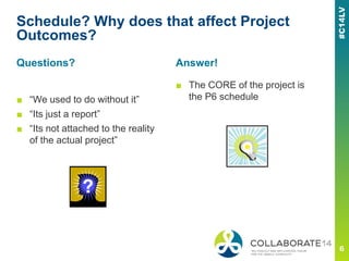 Schedule? Why does that affect Project
Outcomes?
■ “We used to do without it”
■ “Its just a report”
■ “Its not attached to the reality
of the actual project”
■ The CORE of the project is
the P6 schedule
Questions? Answer!
 