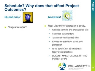 Schedule? Why does that affect Project
Outcomes?
■ “Its just a report”
■ Rear view mirror approach is costly,
▪ Catches conflicts and changes too late
▪ Surprises stakeholders
▪ Takes non-value added time
▪ Erodes the scheduler status and
profession
▪ Is old school, not as efficient as
today’s best practices
▪ DOESN’T MAKE FULL USE OF THE
POWER OF P6
Questions? Answers!
 