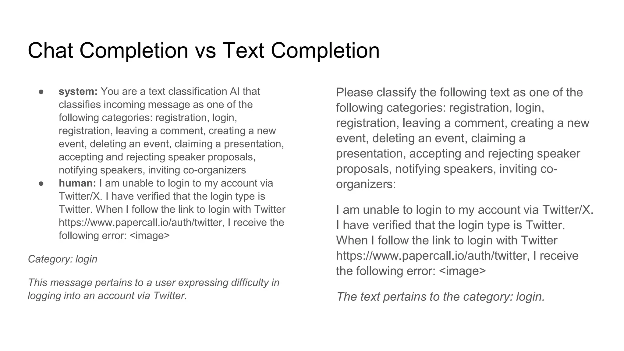 Chat Completion vs Text Completion
● system: You are a text classification AI that
classifies incoming message as one of the
following categories: registration, login,
registration, leaving a comment, creating a new
event, deleting an event, claiming a presentation,
accepting and rejecting speaker proposals,
notifying speakers, inviting co-organizers
● human: I am unable to login to my account via
Twitter/X. I have verified that the login type is
Twitter. When I follow the link to login with Twitter
https://www.papercall.io/auth/twitter, I receive the
following error: <image>
Category: login
This message pertains to a user expressing difficulty in
logging into an account via Twitter.
Please classify the following text as one of the
following categories: registration, login,
registration, leaving a comment, creating a new
event, deleting an event, claiming a
presentation, accepting and rejecting speaker
proposals, notifying speakers, inviting co-
organizers:
I am unable to login to my account via Twitter/X.
I have verified that the login type is Twitter.
When I follow the link to login with Twitter
https://www.papercall.io/auth/twitter, I receive
the following error: <image>
The text pertains to the category: login.
 