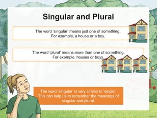 Singular and Plural
The word ‘singular’ means just one of something.
For example, a house or a boy.
The word ‘singular’ is very similar to ‘single’.
This can help us to remember the meanings of
singular and plural.
The word ‘plural’ means more than one of something.
For example, houses or boys.
 