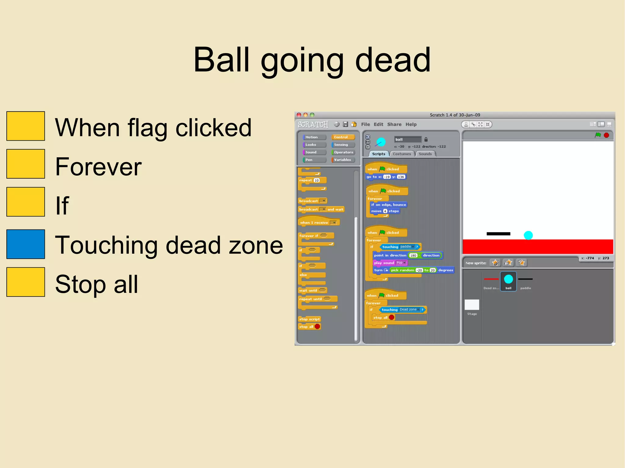 Ball going dead When flag clicked Forever If Touching dead zone Stop all