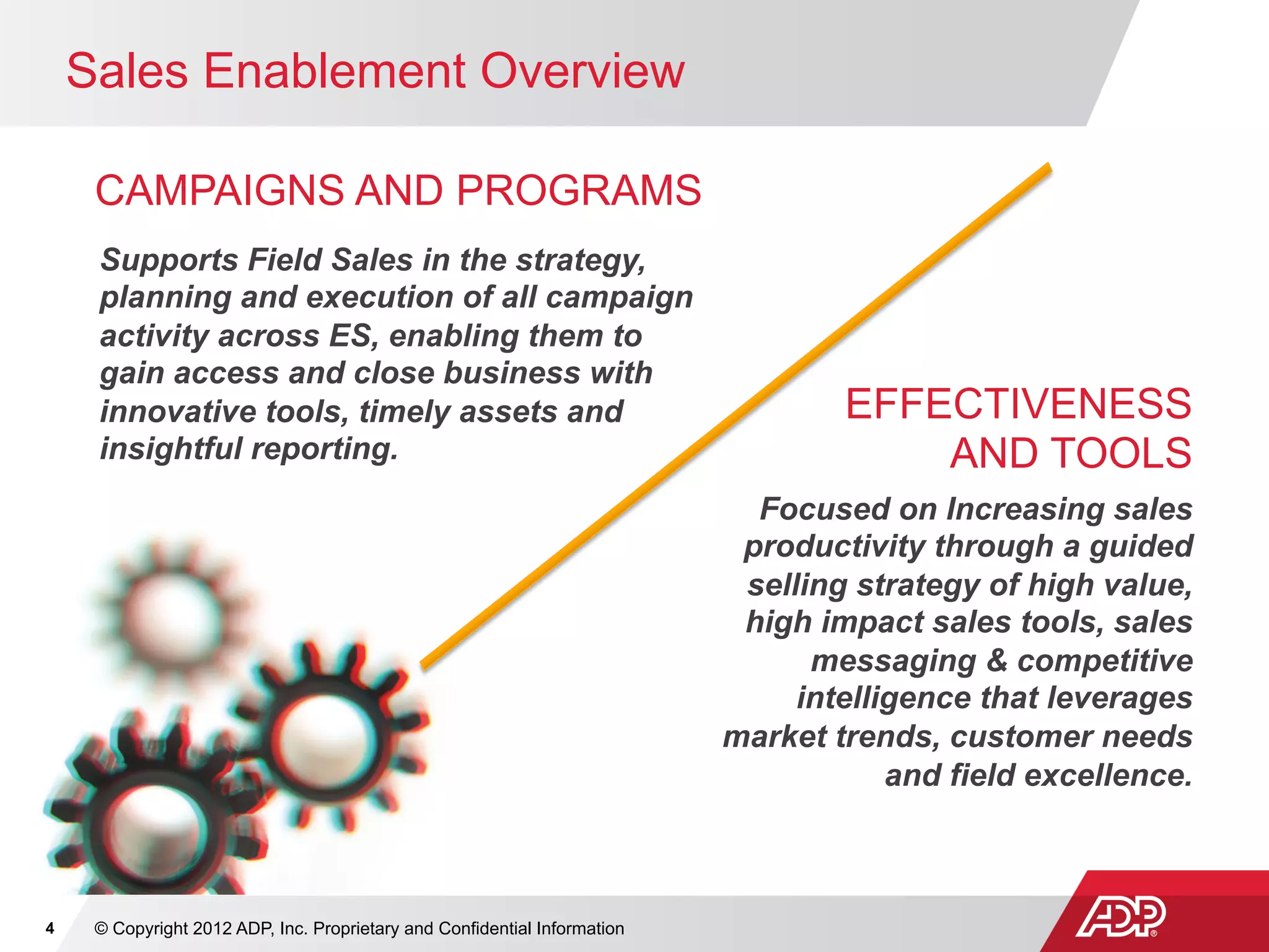 Sales Enablement Overview

     CAMPAIGNS AND PROGRAMS
     Supports Field Sales in the strategy,
     planning and execution of all campaign
     activity across ES, enabling them to
     gain access and close business with
     innovative tools, timely assets and                                           EFFECTIVENESS
     insightful reporting.                                                             AND TOOLS
                                                                             Focused on Increasing sales
                                                                            productivity through a guided
                                                                            selling strategy of high value,
                                                                            high impact sales tools, sales
                                                                                 messaging & competitive
                                                                                intelligence that leverages
                                                                           market trends, customer needs
                                                                                       and field excellence.



4    © Copyright 2012 ADP, Inc. Proprietary and Confidential Information
 