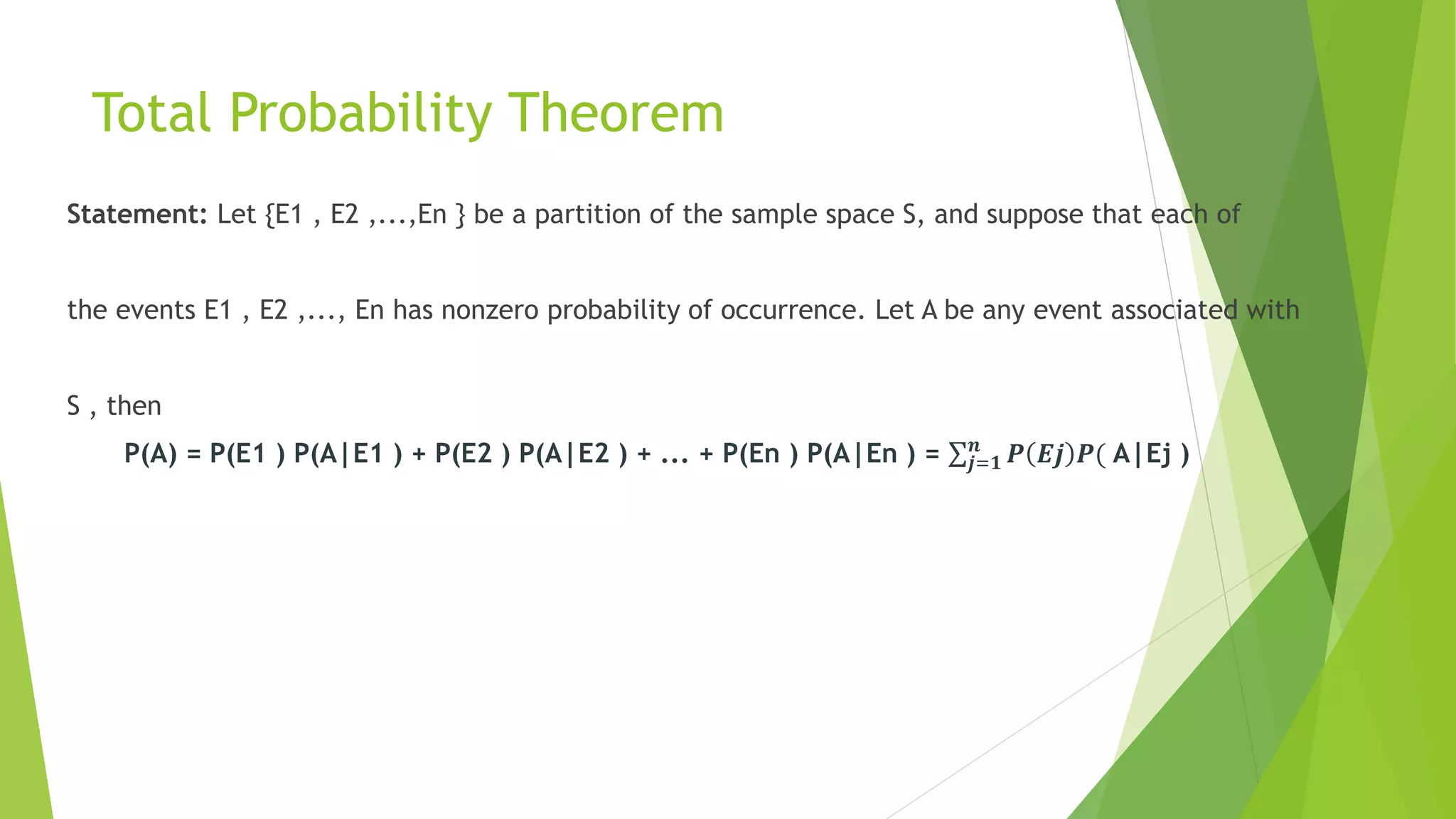 Total Probability Theorem
Statement: Let {E1 , E2 ,...,En } be a partition of the sample space S, and suppose that each of
the events E1 , E2 ,..., En has nonzero probability of occurrence. Let A be any event associated with
S , then
P(A) = P(E1 ) P(A|E1 ) + P(E2 ) P(A|E2 ) + ... + P(En ) P(A|En ) = 𝒋=𝟏
𝒏
𝑷 𝑬𝒋 𝑷( A|Ej )
 
