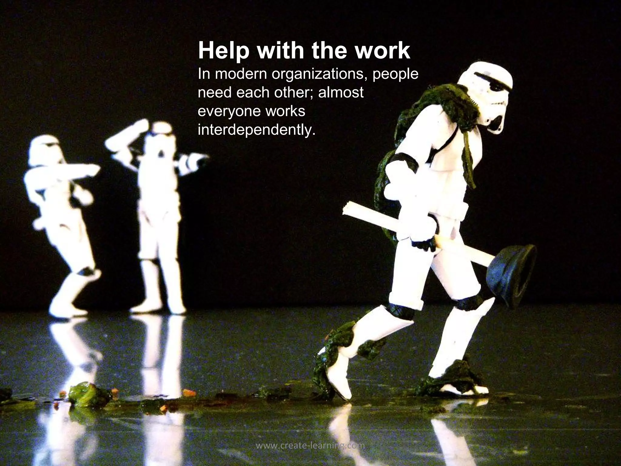 Help with the work
In modern organizations, people
need each other; almost
everyone works
interdependently.




        www.create-learning.com
 