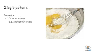 3 logic patterns
Sequence
- Order of actions
- E.g. a recipe for a cake
 
