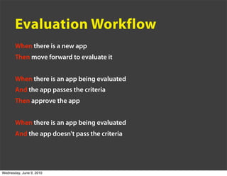 Evaluation Workflow
       When there is a new app
       Then move forward to evaluate it


       When there is an app b...