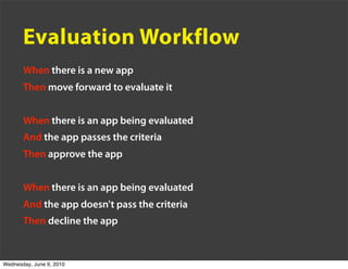 Evaluation Workflow
       When there is a new app
       Then move forward to evaluate it


       When there is an app b...