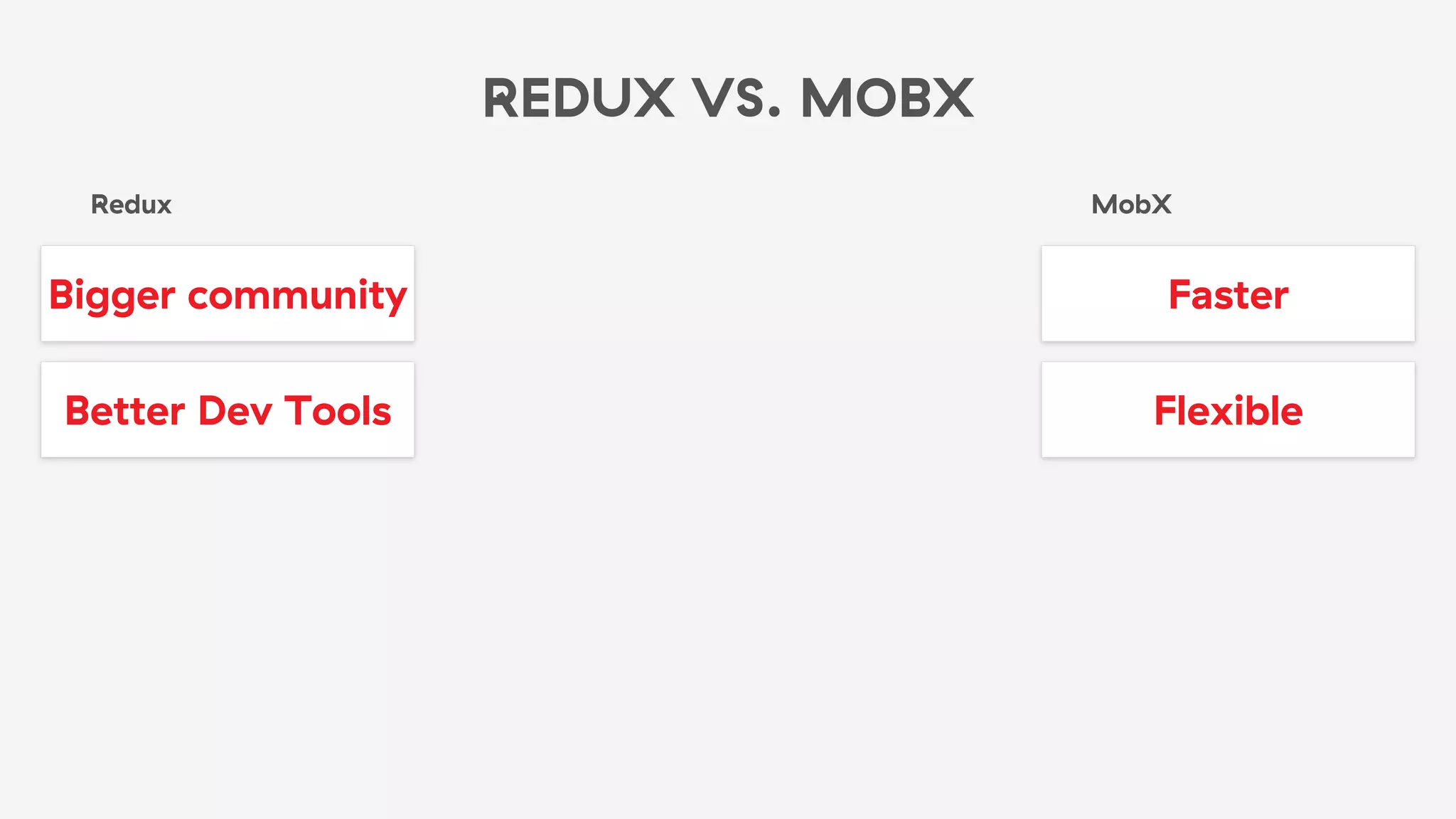 REDUX VS. MOBX
Redux
Faster
Flexible
MobX
Bigger community
Better Dev Tools
 