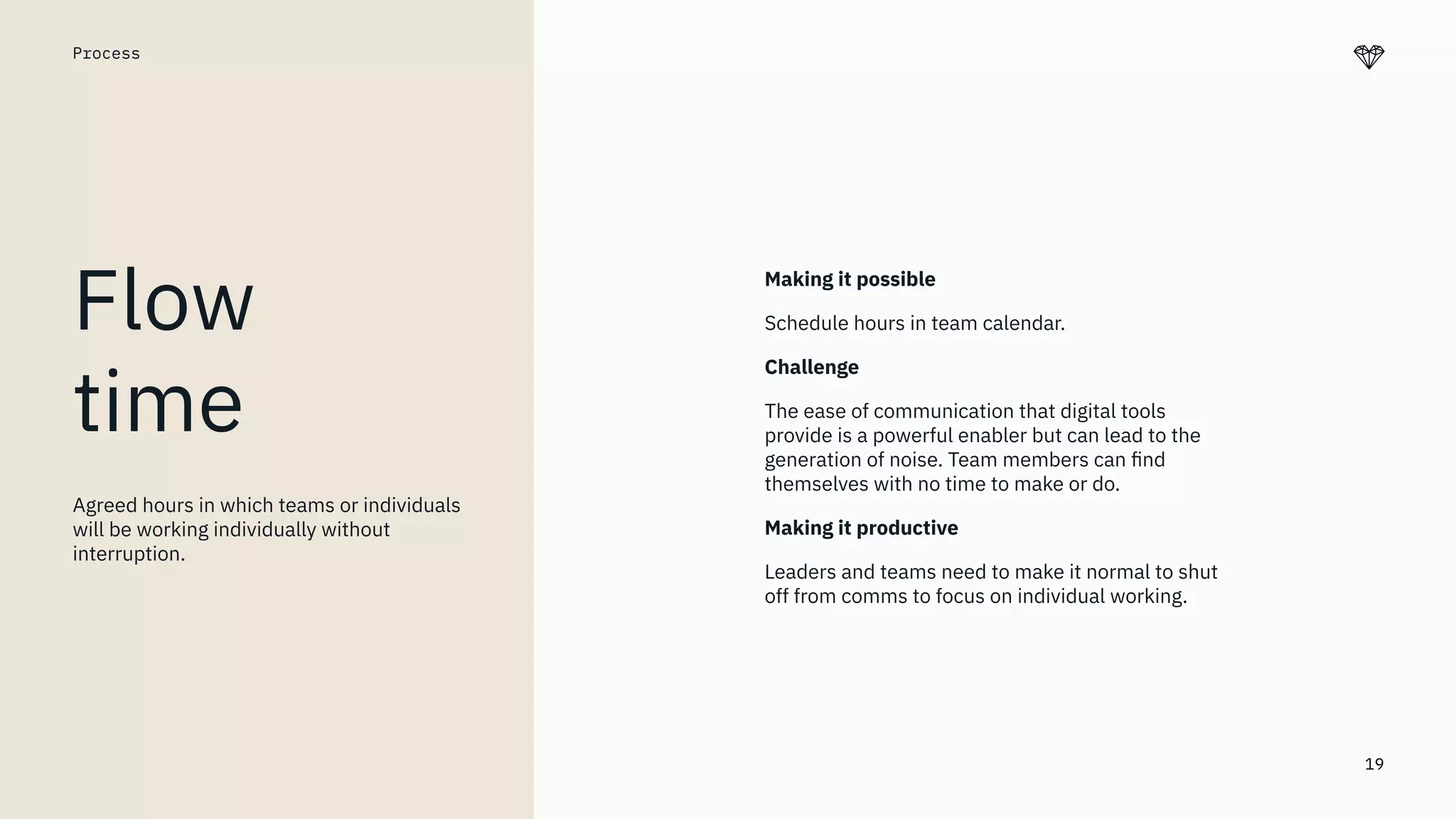 19
Process
Flow
time
Making it possible
Schedule hours in team calendar.
Challenge
The ease of communication that digital tools
provide is a powerful enabler but can lead to the
generation of noise. Team members can ﬁnd
themselves with no time to make or do.
Making it productive
Leaders and teams need to make it normal to shut
off from comms to focus on individual working.
Agreed hours in which teams or individuals
will be working individually without
interruption.
 