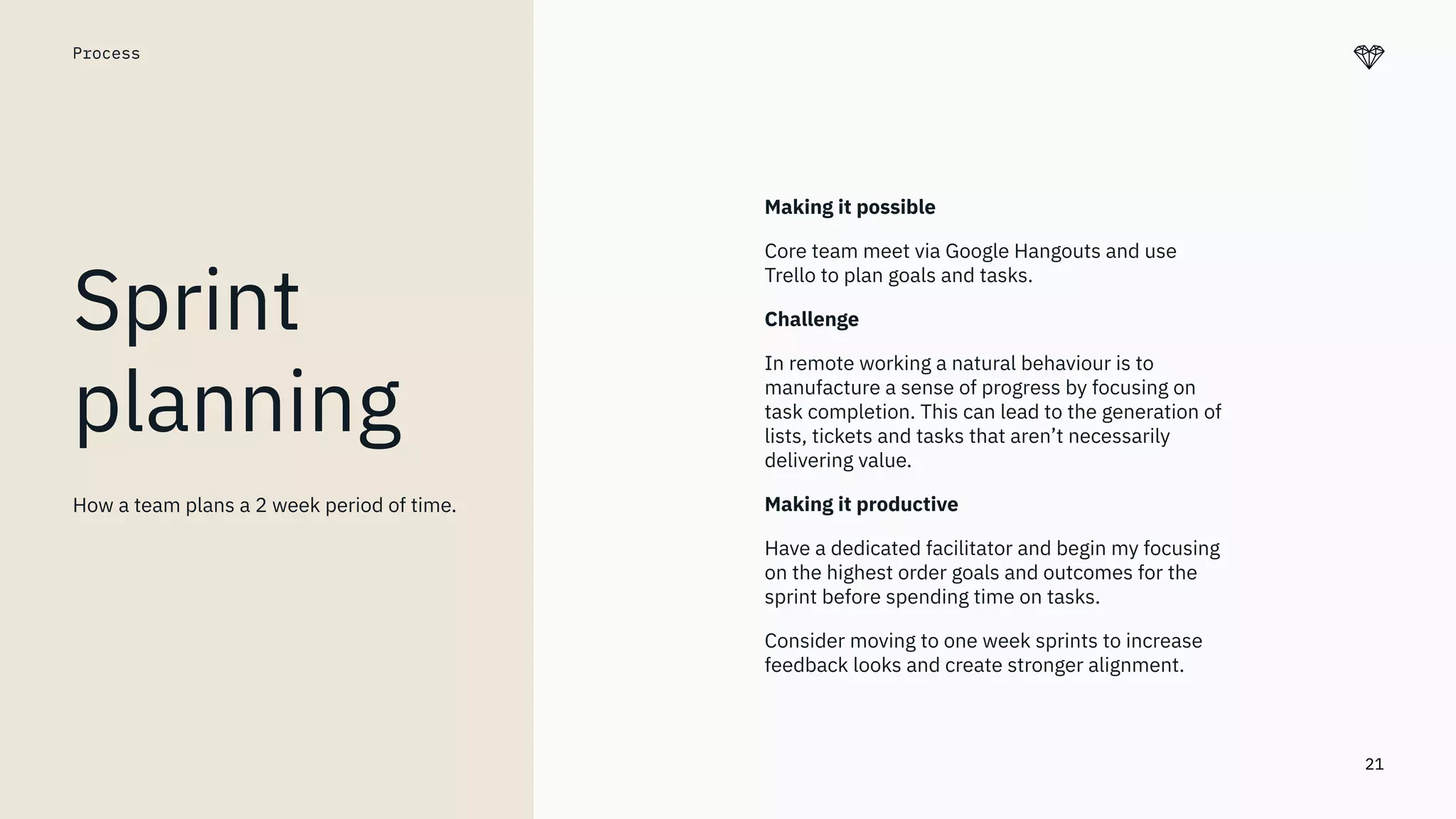 21
Process
Sprint
planning
Making it possible
Core team meet via Google Hangouts and use
Trello to plan goals and tasks.
Challenge
In remote working a natural behaviour is to
manufacture a sense of progress by focusing on
task completion. This can lead to the generation of
lists, tickets and tasks that aren’t necessarily
delivering value.
Making it productive
Have a dedicated facilitator and begin my focusing
on the highest order goals and outcomes for the
sprint before spending time on tasks.
Consider moving to one week sprints to increase
feedback looks and create stronger alignment.
How a team plans a 2 week period of time.
 