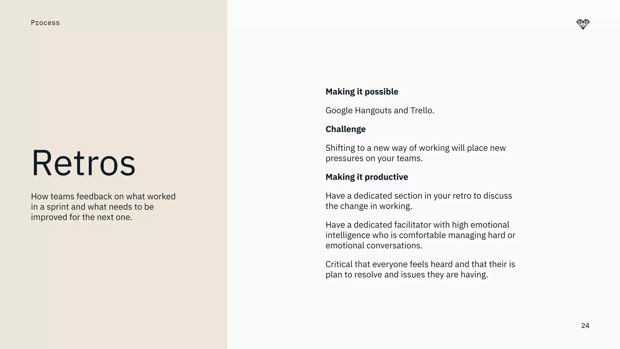 24
Process
Retros
Making it possible
Google Hangouts and Trello.
Challenge
Shifting to a new way of working will place new
pressures on your teams.
Making it productive
Have a dedicated section in your retro to discuss
the change in working.
Have a dedicated facilitator with high emotional
intelligence who is comfortable managing hard or
emotional conversations.
Critical that everyone feels heard and that their is
plan to resolve and issues they are having.
How teams feedback on what worked
in a sprint and what needs to be
improved for the next one.
 