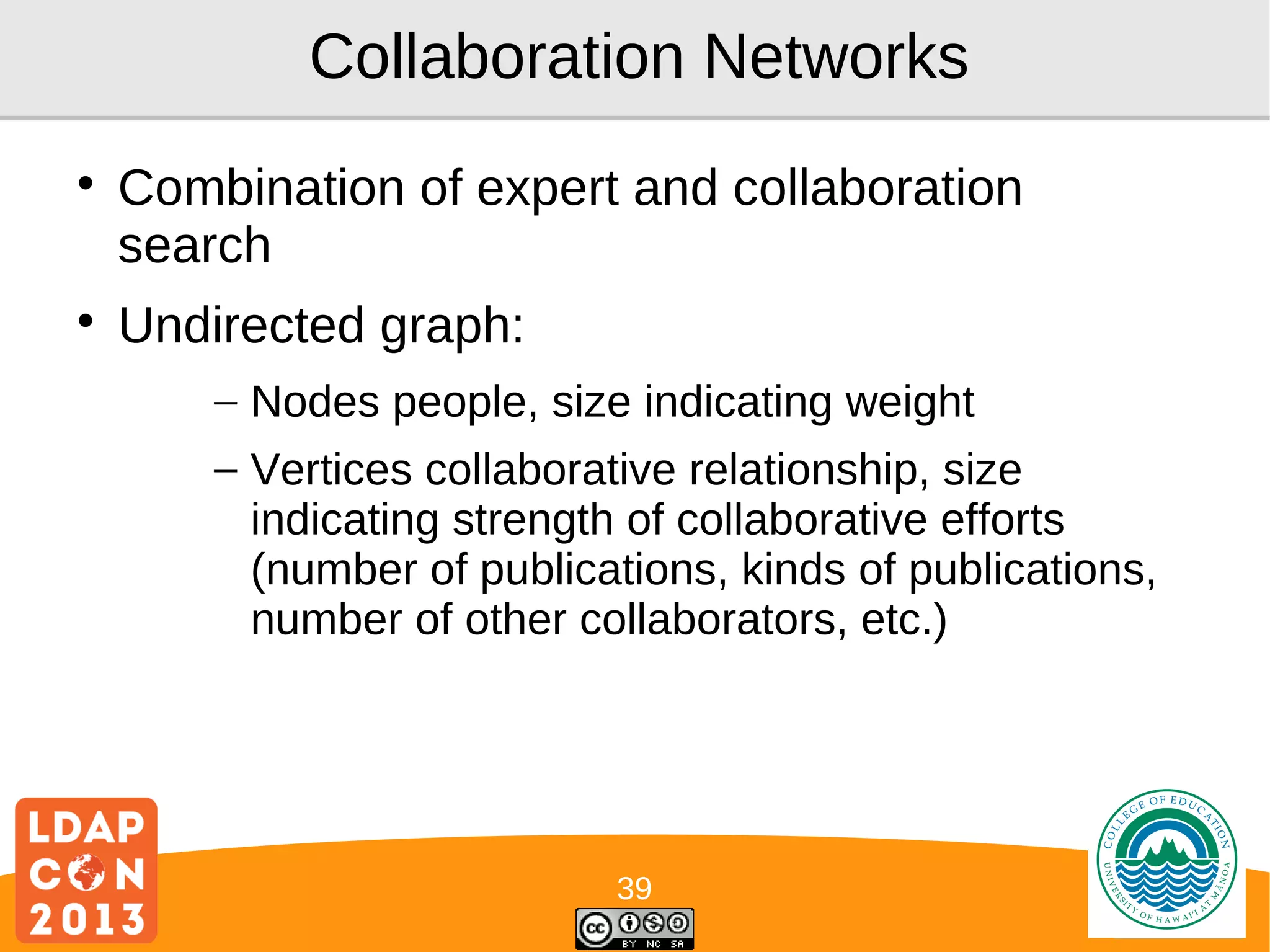 Collaboration Networks




Combination of expert and collaboration
search
Undirected graph:
– Nodes people, size indicating weight
– Vertices collaborative relationship, size
indicating strength of collaborative efforts
(number of publications, kinds of publications,
number of other collaborators, etc.)

39

Logo

 