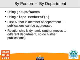 By Person → By Department


Using groupOfNames



Using slapo-memberof(5)





First Author is member of department →
publications can be aggregated
Relationship is dynamic (author moves to
different department, so do his/her
publications)

24

Logo

 