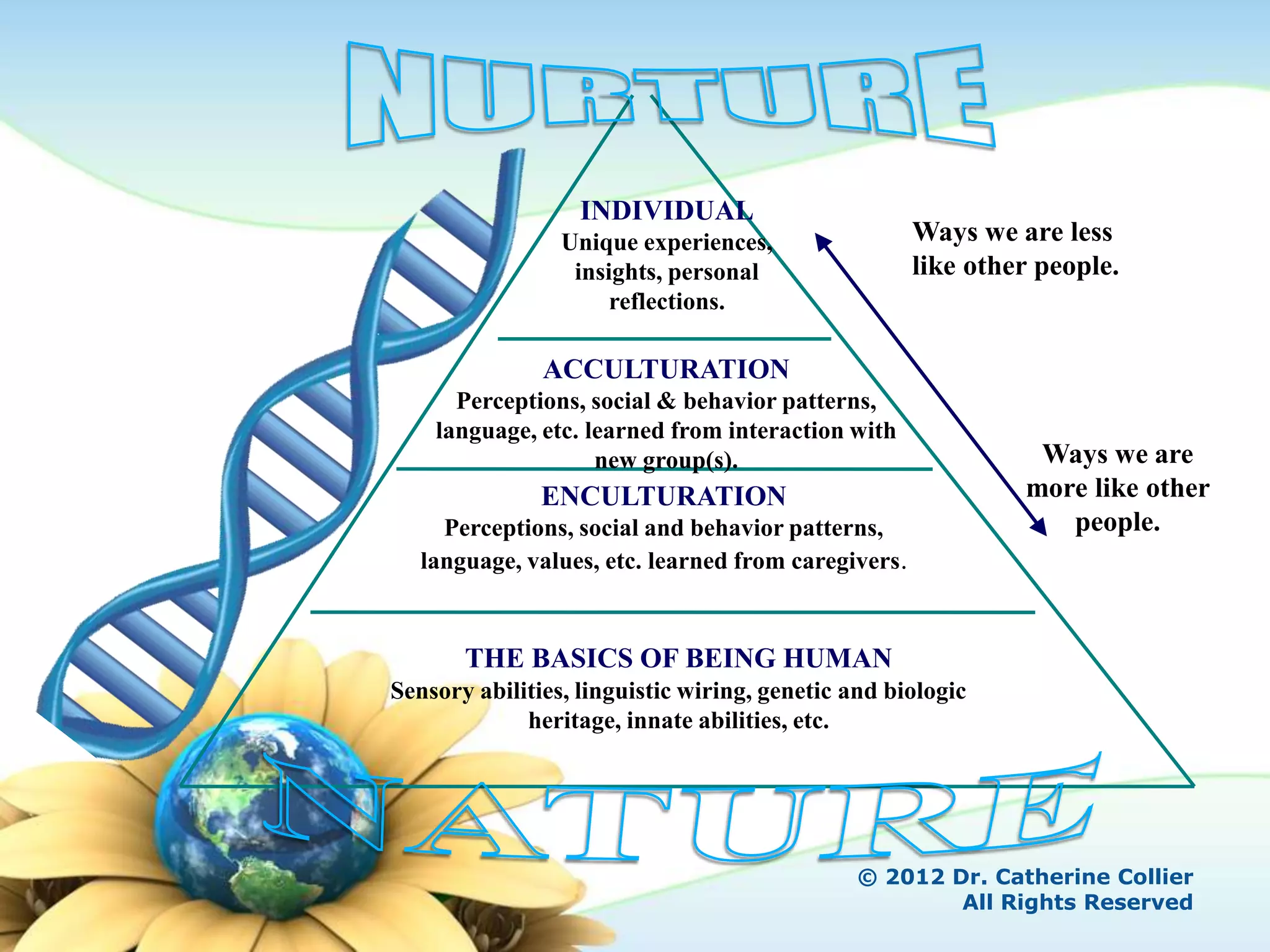 INDIVIDUAL
                 Unique experiences,                 Ways we are less
                  insights, personal                 like other people.
                      reflections.

               ACCULTURATION
      Perceptions, social & behavior patterns,
    language, etc. learned from interaction with
                    new group(s).                              Ways we are
               ENCULTURATION                                  more like other
     Perceptions, social and behavior patterns,                  people.
   language, values, etc. learned from caregivers.


       THE BASICS OF BEING HUMAN
Sensory abilities, linguistic wiring, genetic and biologic
             heritage, innate abilities, etc.




                                               © 2012 Dr. Catherine Collier
                                                       All Rights Reserved
 