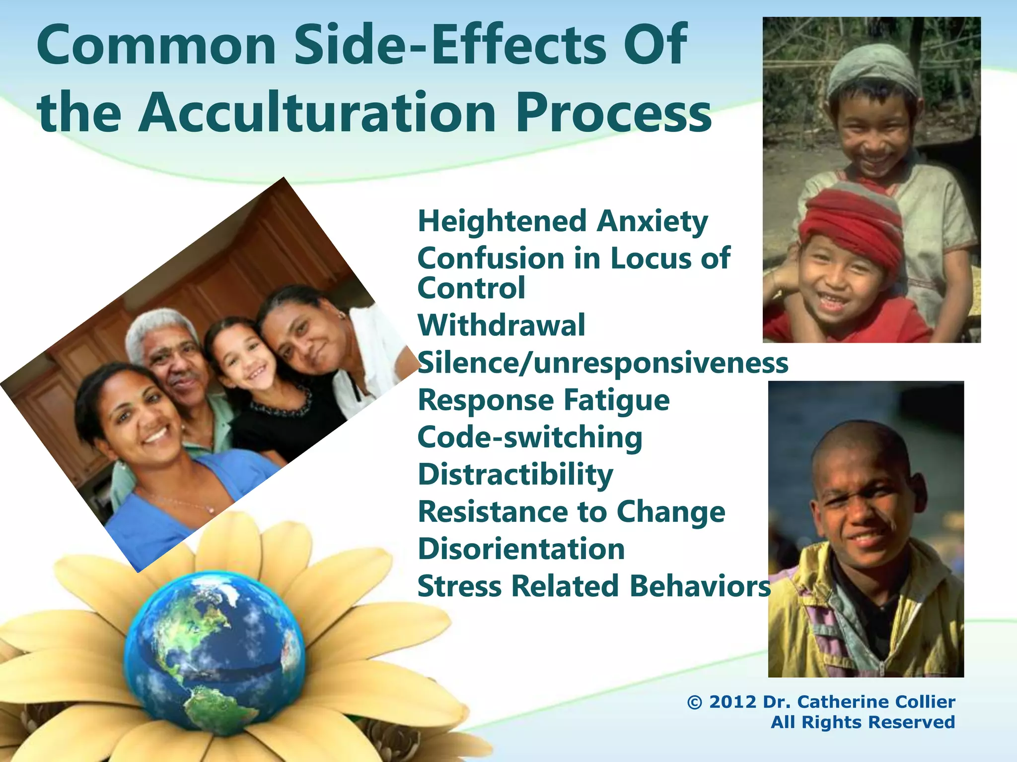 Common Side-Effects Of
the Acculturation Process
              Heightened Anxiety
              Confusion in Locus of
              Control
              Withdrawal
              Silence/unresponsiveness
              Response Fatigue
              Code-switching
              Distractibility
              Resistance to Change
              Disorientation
              Stress Related Behaviors


                               © 2012 Dr. Catherine Collier
                                       All Rights Reserved
 