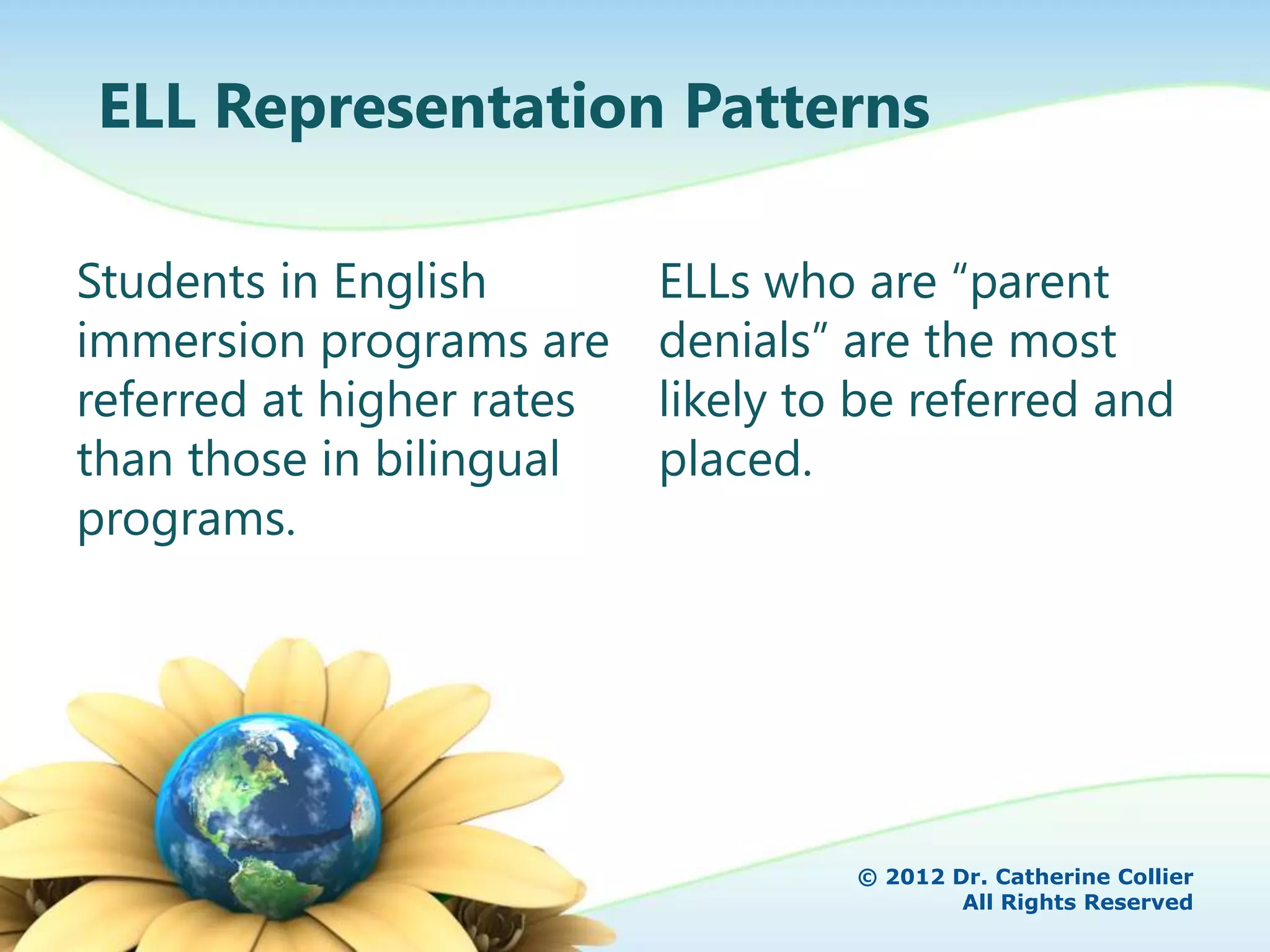 ELL Representation Patterns

Students in English        ELLs who are “parent
immersion programs are     denials” are the most
referred at higher rates   likely to be referred and
than those in bilingual    placed.
programs.




                                    © 2012 Dr. Catherine Collier
                                            All Rights Reserved
 