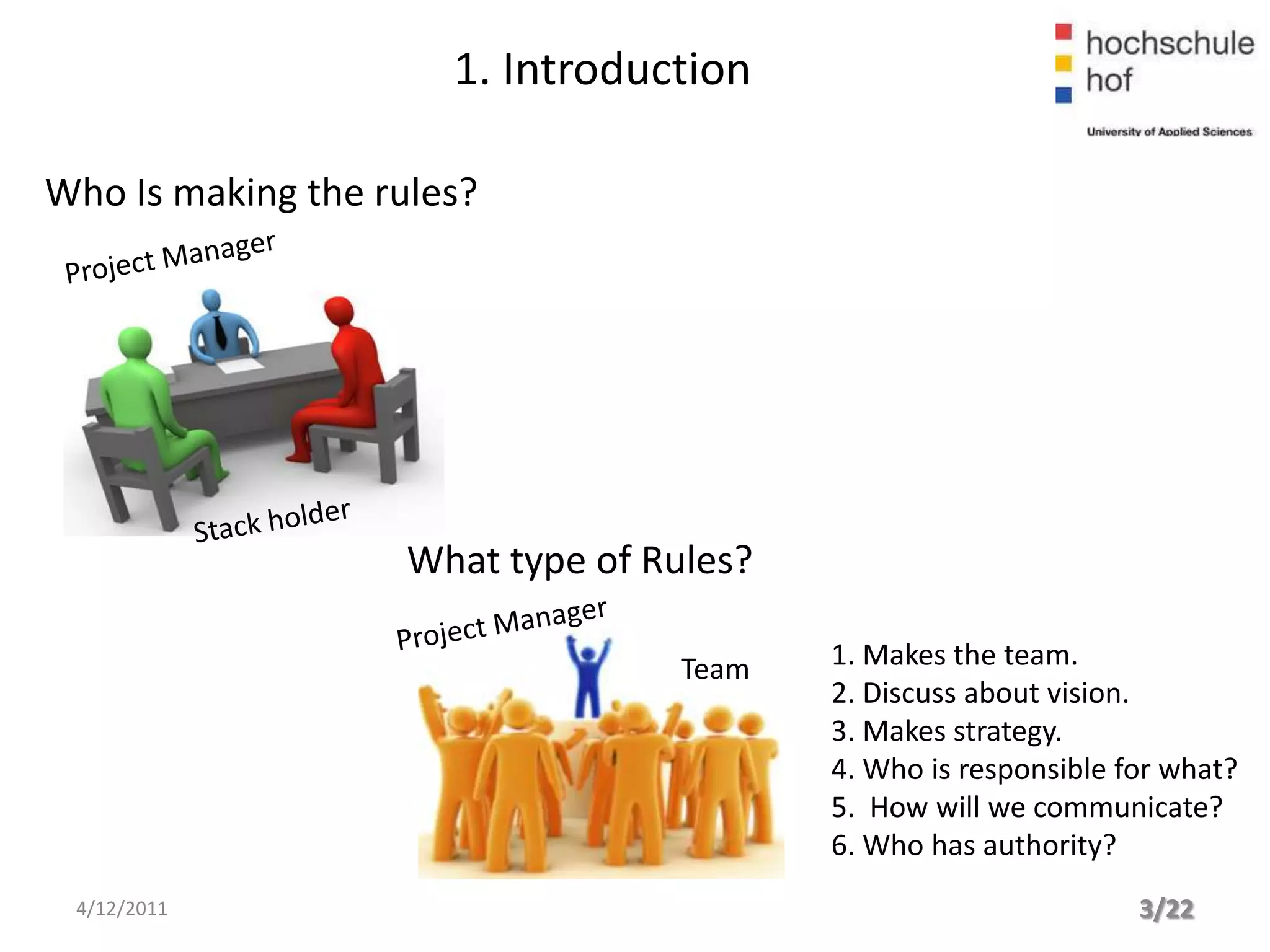 1. Introduction

Who Is making the rules?




                    What type of Rules?

                                   Team   1. Makes the team.
                                          2. Discuss about vision.
                                          3. Makes strategy.
                                          4. Who is responsible for what?
                                          5. How will we communicate?
                                          6. Who has authority?
 4/12/2011                                                       3/22
 