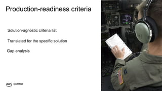 © 2019, Amazon Web Services, Inc. or its affiliates. All rights reserved.SUMMIT
Production-readiness criteria
Solution-agnostic criteria list
To add an image, select Click
to insert image, and find the
image you want to use.
Gap analysis
Translated for the specific solution
 