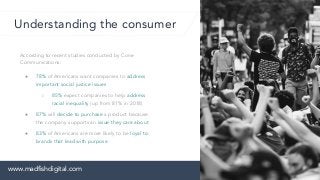 Understanding the consumer
According to recent studies conducted by Cone
Communications:
● 78% of Americans want companies to address
important social justice issues
○ 85% expect companies to help address
racial inequality (up from 81% in 2018)
● 87% will decide to purchase a product because
the company supports an issue they care about
● 83% of Americans are more likely to be loyal to
brands that lead with purpose
www.madﬁshdigital.com
 
