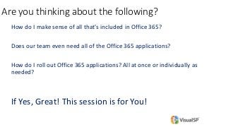 Are you thinking about the following?
How do I make sense of all that’s included in Office 365?
Does our team even need all of the Office 365 applications?
How do I roll out Office 365 applications? All at once or individually as
needed?
If Yes, Great! This session is for You!
 